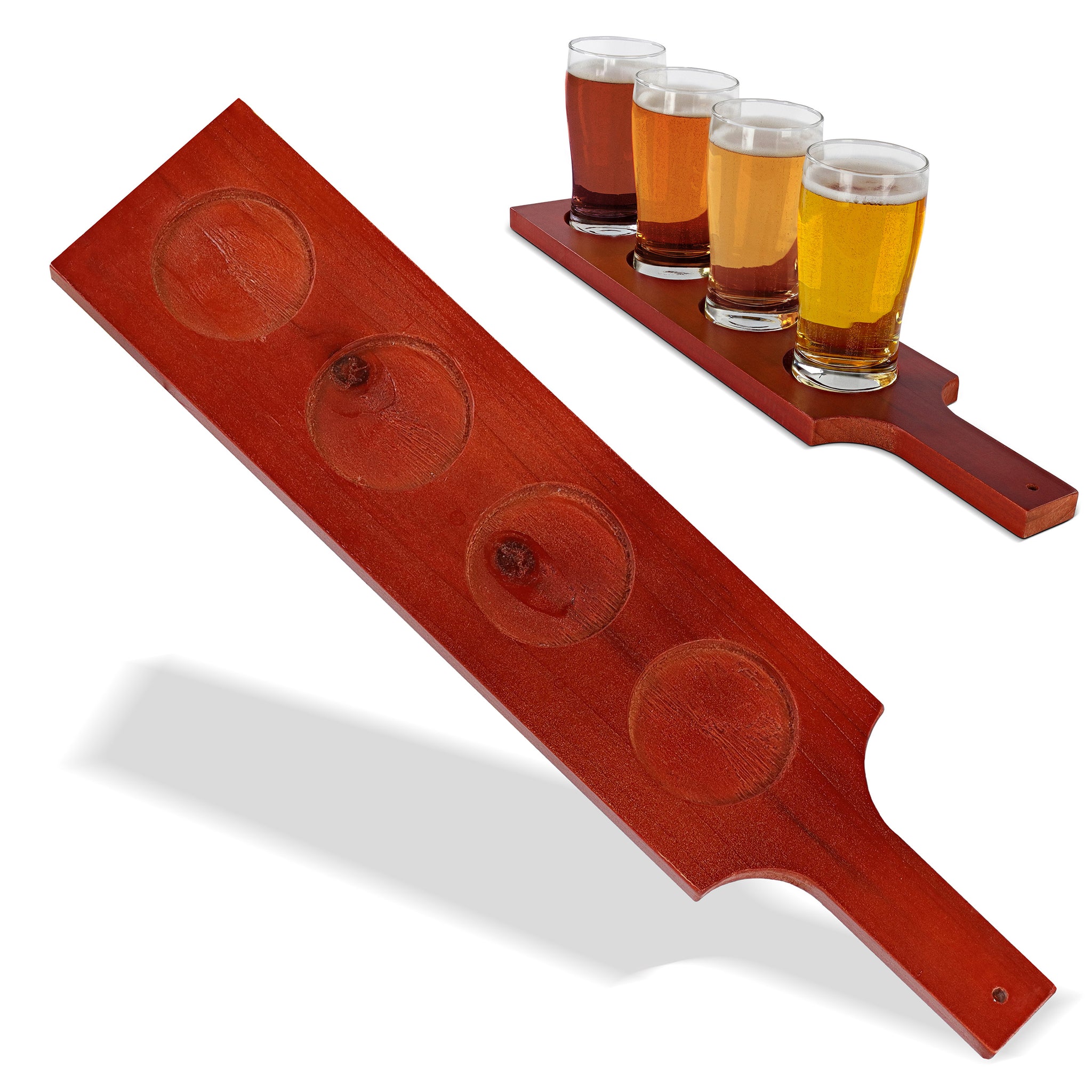 Beer Tasting Serving Set - Wood Paddle & 4 Glasses