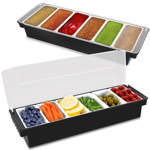 6 Bin Iced Condiment Tray with Lid 2pk - Bar Caddy for Fruit Garnish