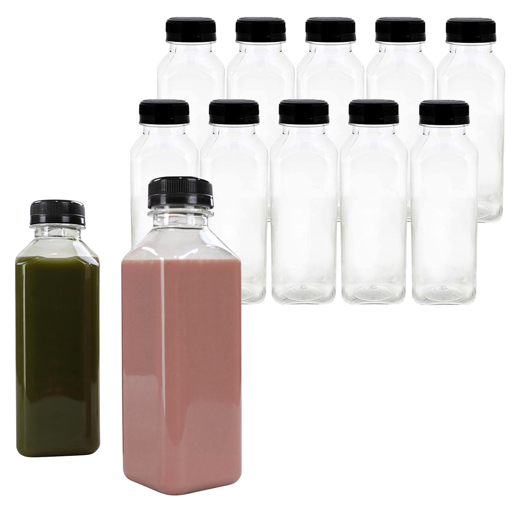12oz Empty Clear PET Plastic Juice Bottles With Black Caps 